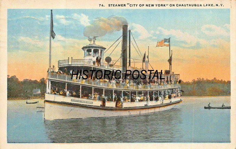  CHAUTAUQUA LAKE SUNSET~STEAMER CITY OF NEW YORK~1919 PSTMK & MESSAGE POSTCARD 