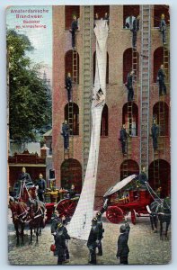 Netherlands Postcard Amsterdam Fire Department Firefighters Climbing c1910