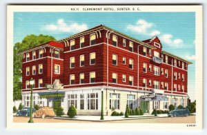 Claremont Hotel Old Cars Sumter South Carolina Linen Postcard SC Vintage Unused