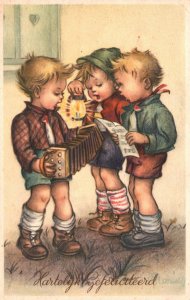 Vintage Postcard Three Kids Using Lampshade Light Greetings and Wishes Card