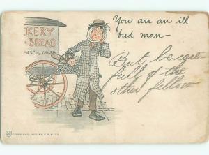 1905 comic VENDOR SELLS BREAD FROM CART ON THE STREET o3159