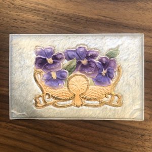 Vintage embossed FLOWER BASKET POSTCARD - FUR VINTAGE Germany art 2179