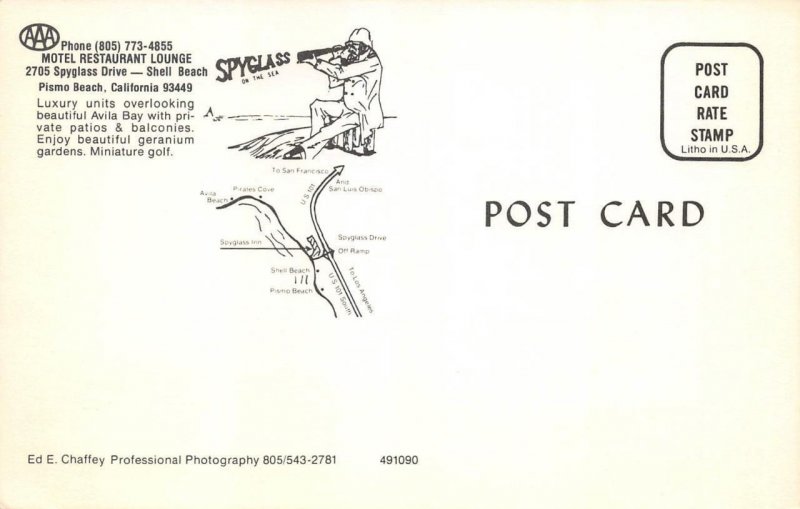SPYGLASS INN Roadside Shell Beach PISMO BEACH, CA Avila Bay 1960s Rare Postcard