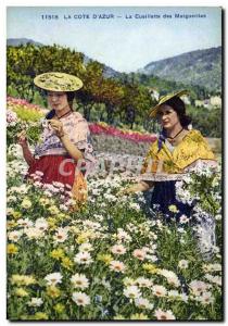 Old Postcard picking daisies Cote d & # 39Azur