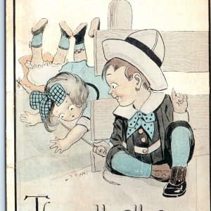 c1900s Comic They All Fall For Me Cute Boy Trips Girls Booby Trap Postcard A80