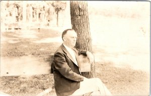 c1880s Man Sitting on Bench RPPC Real Photo Postcard Park Tree Glasses Wise A61