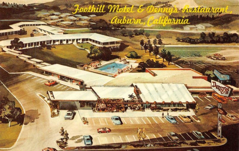 FOOTHILLS MOTEL Auburn, CA Denny's Diner Roadside Hwy 40 c1960s Vintage Postcard