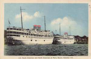 PARRY SOUND ONTARIO~STEAMER SHIPS NORTH & SOUTH AMERICA~TINTED PHOTO POSTCARD