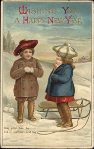 New year Children Vintage Clothing Sled Winter Scene Vintage Postcard