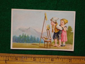 1870s-80s Kids Painting at a Mountain Scene Embossed Victorian Trade Card F15