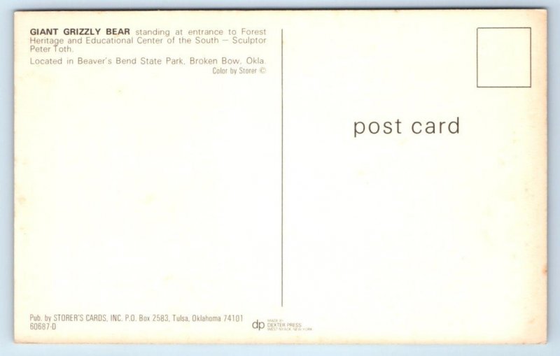 BEAVER'S BEND PARK, Broken Bow OK ~ Peter Toth GRIZZLY BEAR Sculpture Postcard
