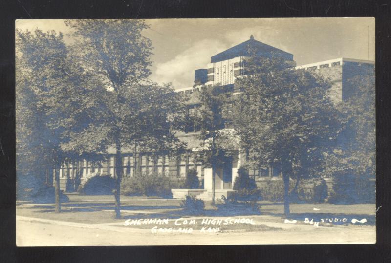 RPPC GOODLAND KANSAS SHERMAN COM. HIGH SCHOOL VINTAGE REAL PHOTO POSTCARD