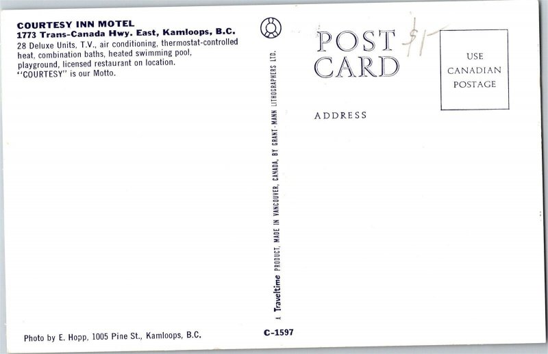 Postcard BC Kamloops Courtesy Inn Motel Harold's Coffee Shop Roadside 1970s K67