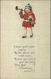 Christmas - Little Girl Winter Jacket Blowing Horn - Poem c1915 Postcard