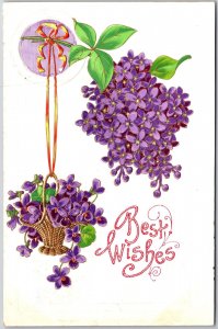 Best Wishes Greetings Purple Small Flowers Inside Hanging Basket Postcard