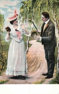 Vintage Postcard 1910's Romance Gentleman and Beautiful Lady Giving Flowers Art