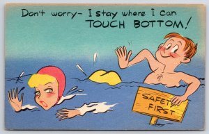 Don't Worry I Stay Where I Can Touch Bottom! Girl & Boy Swimming Comic Postcard