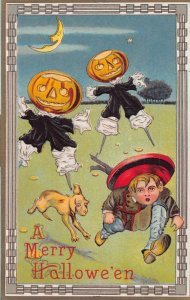 J79/ Halloween Postcard Greetings c1910 Pumpkin Scarecrow Dog 112