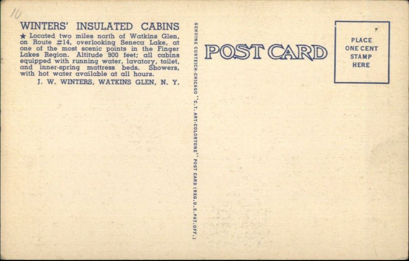 Winters Cabins Seneca Lake NY Linen Postcard
