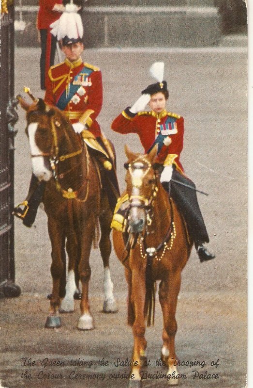 The Queen taking the salute. Horses Nice vintage Engliah poatcard