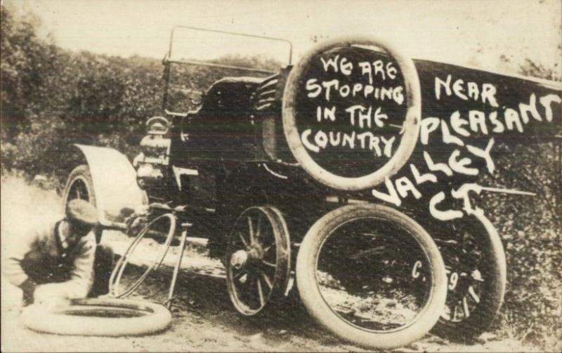 Pleasant Valley CT Changing Car Tire c1910 Real Photo Postcard