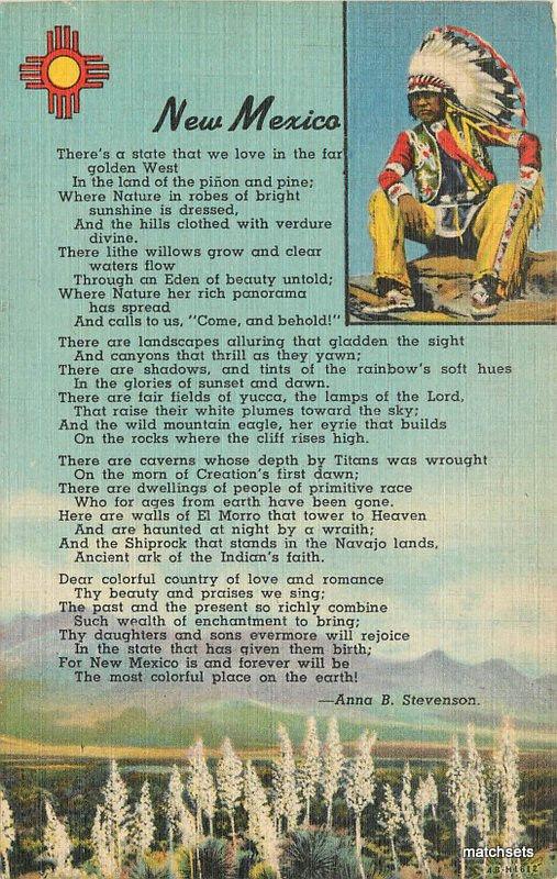 1940s Stevenson Poem Indian Teich linen Southwest postcard 10691