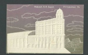 1907 Post Card Pitts PA Wabash RR Depot Purple White &  Green Airbrushed--