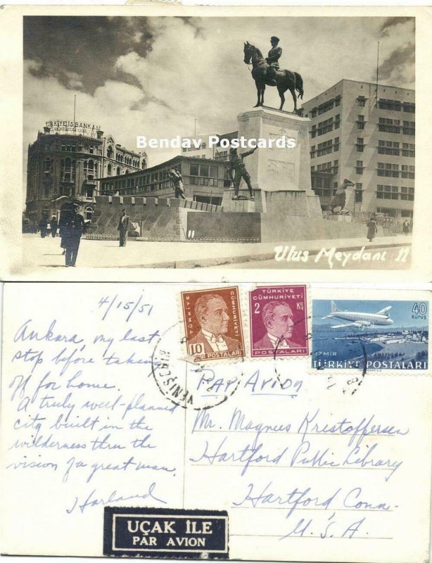 turkey, ANKARA, Ulus Meydanı, Ulus Square, Atatürk Statue (1951) RPPC Postcard