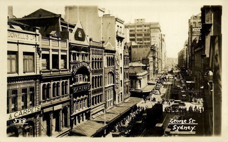 australia, SYDNEY, N.S.W., George Street, Shops, Cars Tram (1910s) RPPC Postcard