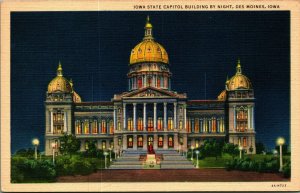 State Capitol Building By Night Des Moines Iowa IA UNP Linen Postcard