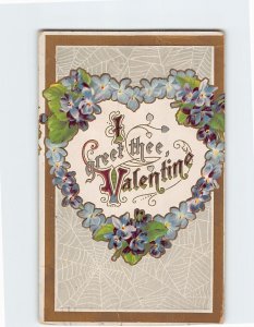 Postcard I Greet thee Valentine with Heart Flowers Webs Embossed Art Print