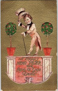 C.1910 Dapper Boy Top Hat Cane Gilt New Year Victorian Postcard P9