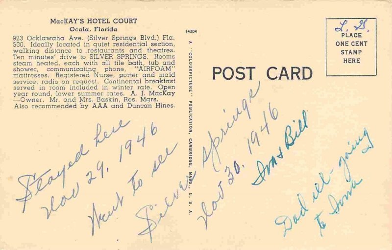 MacKay's Hotel Court Motel Silver Springs Ocala Florida 1946 linen postcard