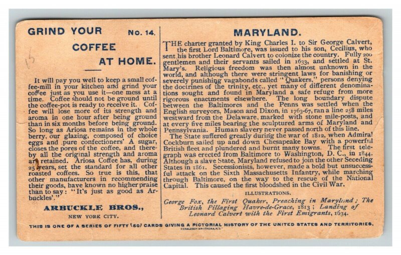 Vintage 1890's Trade Card - Arbuckles Ariosa Coffee - History of Maryland