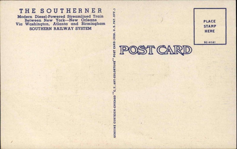Southern Railway System Southerner Streamliner Southerner Train Linen Postcard