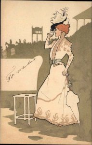 Beautiful Woman Binoculars at Horse Races Art Deco ARTIST? c1900 Postcard