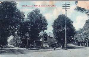 VINTAGE POSTCARD MAIN STREET AND WILDWOOD AVENUE JACKSON MICHIGAN 1908 FAULTS