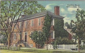 Linen postcard of Paradise House, Williamsburg, Virginia, posted 1954