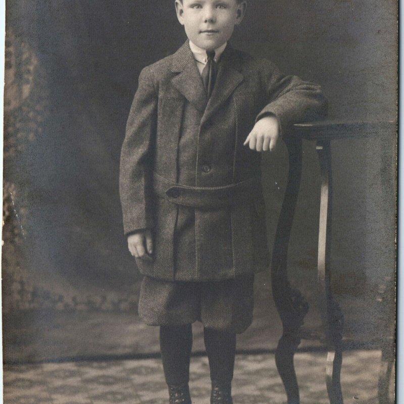 c1910s Cool Handsome Little Boy RPPC Studio Photo Cute Winter Coat Fashion A159