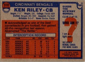1976 Topps Football Card Ken Riley Cincinnati Bengals sk4264