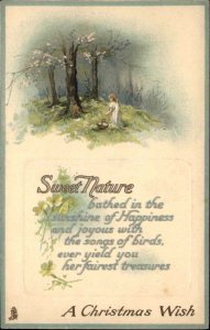 Christmas Children Girl Basket Sweet Nature Poem Embossed Tuck c1900s-20s PC