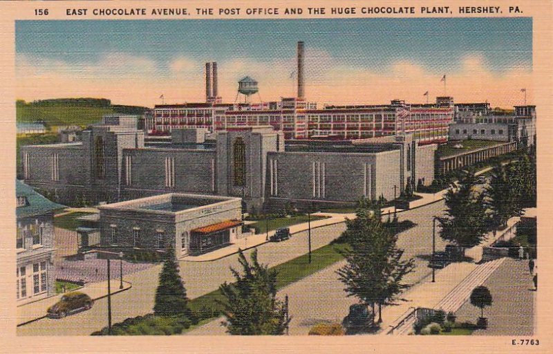 Postcard East Chocolate Avenue Post Office and Huge Chocolate Plant Hershey PA