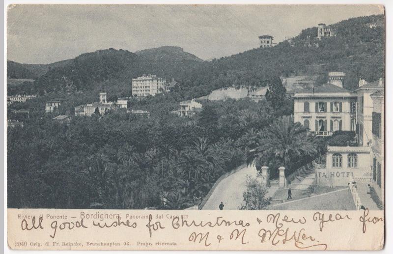 Italy; Bordighera, Panorama, Liguria PPC, Local 1904 PMK, Undivided Back 