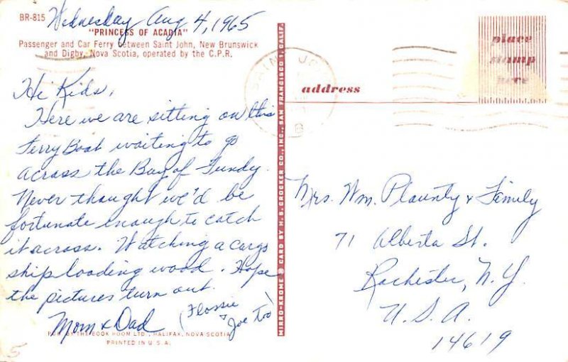 Princess of Acadia Digby, Nova Scotia 1965 Missing Stamp 