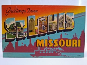 Greetings From St Louis Missouri Large Big Letter Postcard Linen 1951 Riverboat