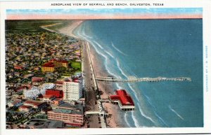 Postcard TX Galveston Aerial View of Seawall Beach Pier Rollercoaster 1930s S54