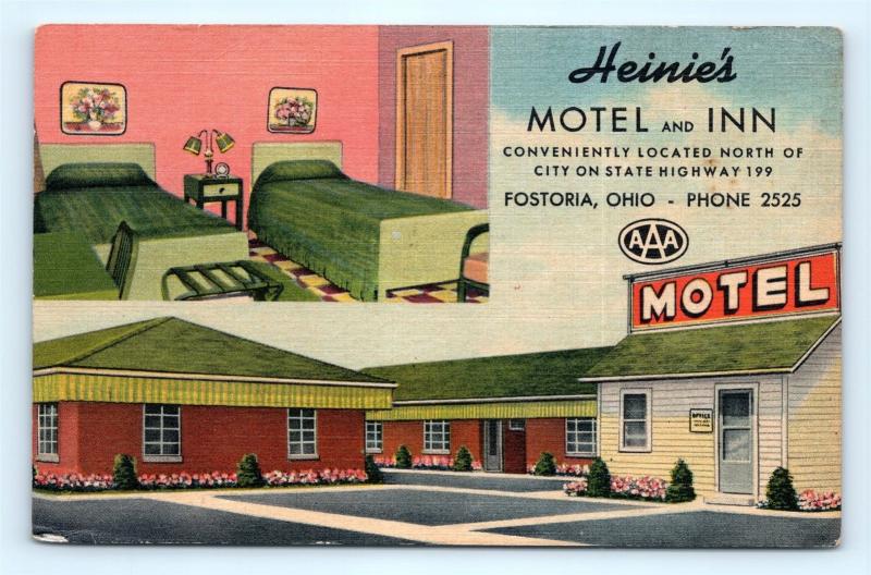 Postcard OH Fostoria Heinie's Motel & Inn Interior View Vintage Linen I11