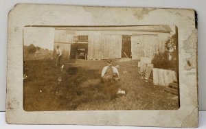 RPPC Man on Crutches Boy & Dog Elkhart, Indiana Estate Real Photo Postcard A14