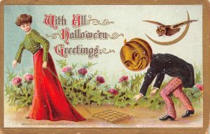 With All Hallowe'en Greetings Pumpkin Head Man & Owl Following Woman, PCU13052