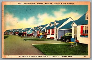 Postcard Alpena MI c1940s Siesta Motor Court Steam Heat Private Bath US Route 23